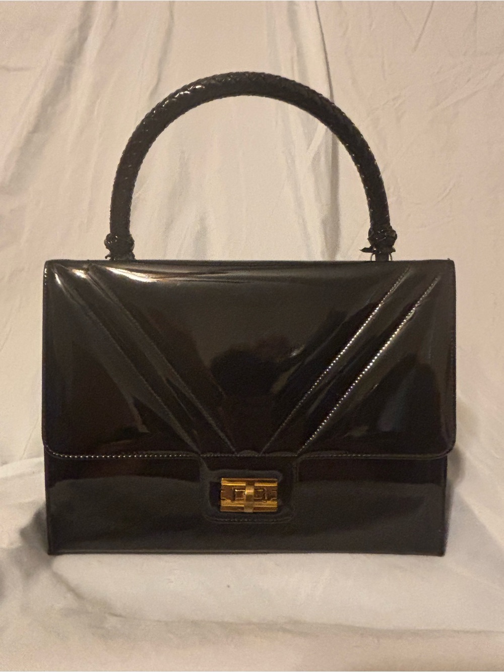 Vintage Mid-Century Crown Lewis Black Patent Satchel with Gold-Tone Lock